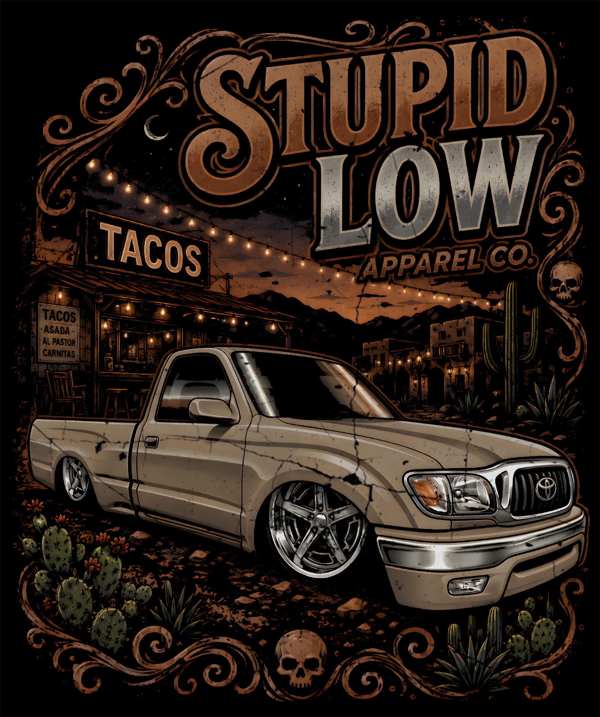 A stylized graphic print featuring a lowered beige pickup truck in a desert town scene with large text reading 'STUPID LOW APPAREL CO.' The artwork includes decorative swirls, cacti, skulls, and warm string lights against a dark background.